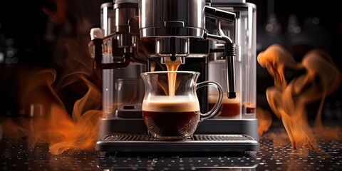 A stream of espresso flows gracefully from the coffee machine, promising a moment of pure indulgence. - obrazy, fototapety, plakaty