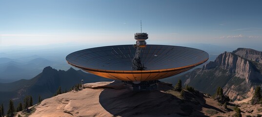 Satellite dish stands boldly atop a mountain, blending technology with nature's grandeur in hybrid media style.