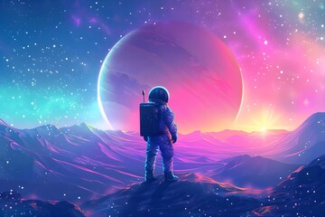 Obraz premium Astronaut space suit performing extra cosmic activity space against stars and planets background