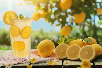 Citrus lemonade in garden setting,summer drink. generative ai.