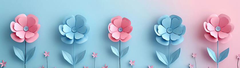 Flat paper flowers adorn a pastel-colored background in pink and blue tones, featuring a simple design with minimalist art and shapes