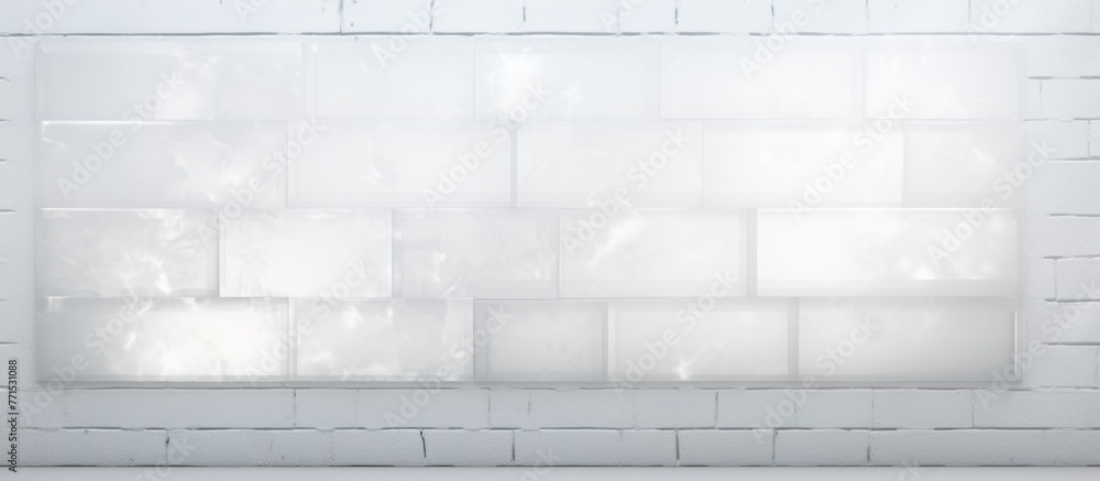 Aufkleber a blurred monochrome photograph of a white brick wall with a repeating pattern of rectangles and par