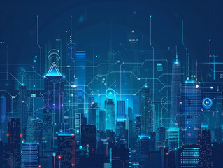 Smart city on a dark blue background, featuring intelligent infrastructure and connected buildings. This futuristic cityscape showcases IoT, 5G and AI integration  - obrazy, fototapety, plakaty