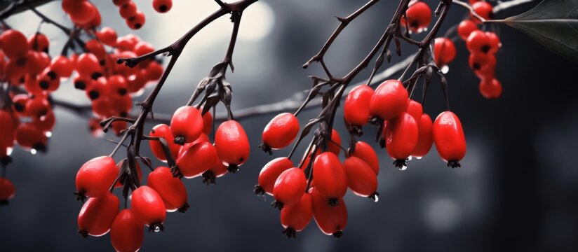 An event of natural foods occurs when a bunch of red berries hang from a tree branch, showcasing the plants produce and superfruit qualities