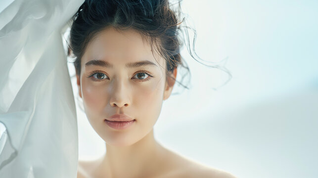 Beautiful female model in advertisement with water on her face.