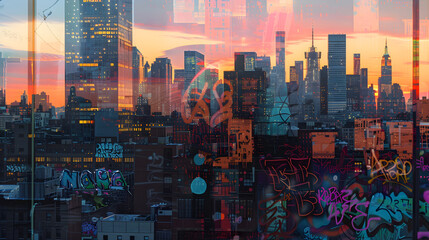 Monochromatic Urban Panorama At Dusk: A Fusion of Abstract and Graffiti Art