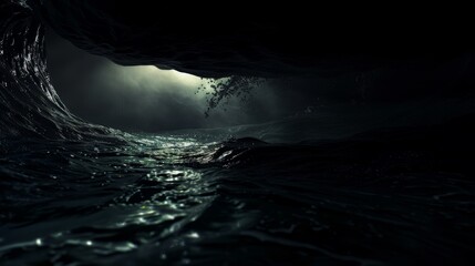 The depths of the ocean where sunlight fails to penetrate, a realm of perpetual darkness hyper realistic - obrazy, fototapety, plakaty