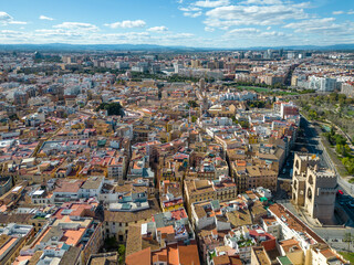 Aerial view of European city Valencia, Spain. Beautiful skyline of Valencia. Panoramic view of all city. Famous travel destination visited annually by many foreign tourists. Rooftop of Valencia. 
