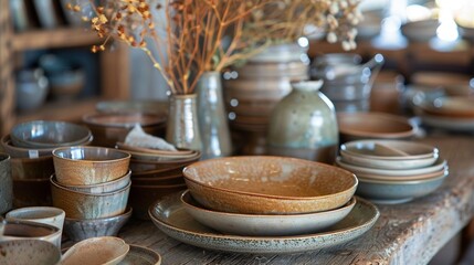 Rustic stoneware dinner set in earthy tones, perfect for cozy family dinners or casual gatherings.