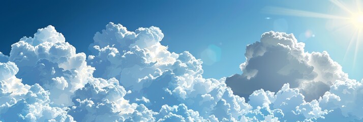 A bright blue sky dotted with numerous fluffy white clouds - obrazy, fototapety, plakaty