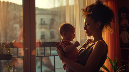 Mulher com seu filho no colo ao lado da janela - Papel de parede - obrazy, fototapety, plakaty