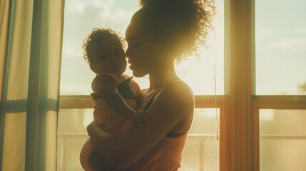 Mulher com seu filho no colo ao lado da janela - Papel de parede - obrazy, fototapety, plakaty