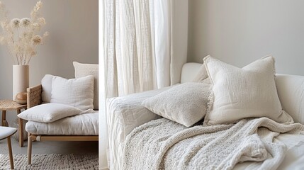 Scandinavian-inspired home decor design featuring minimalist furniture and cozy textiles in soft, muted tones.