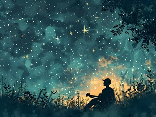 A lone musician sits under the vast star-filled night sky their silhouette illuminated by the gentle glow of the celestial tapestry - obrazy, fototapety, plakaty