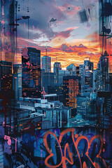 Monochromatic Urban Panorama At Dusk: A Fusion of Abstract and Graffiti Art