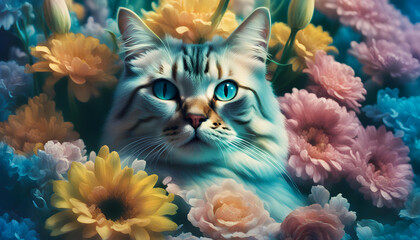 a cat with flowers - obrazy, fototapety, plakaty