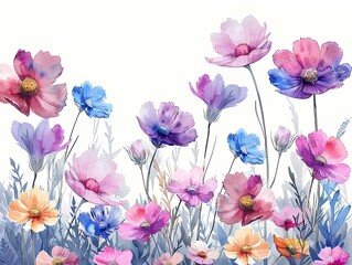 Fototapeta na wymiar Cartoon drawing of wildflowers in watercolor style, pastel colors on white background, vibrant hues ,professional color grading