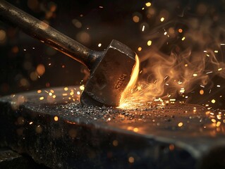 A smithy at work, hammer striking hot iron on an anvil  dynamic, sparks flying,  - obrazy, fototapety, plakaty
