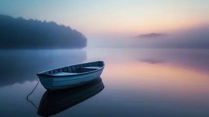 Gartenposter A small boat beginning a voyage across a misty lake at dawn  serene, soft focus,  © Jariya