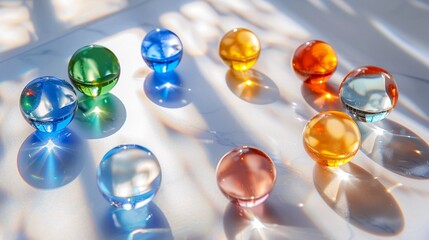Shimmering marbles arranged in a precise circle on a spotless white surface, catching the light.