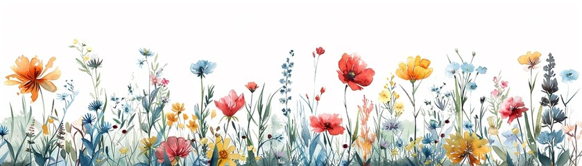 Pastel and colorful wildflowers, cartoon in watercolor style, against white backdrop ,professional color grading