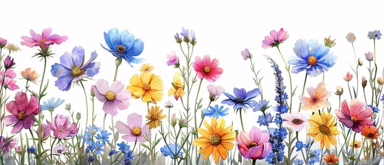 Watercolor cartoon drawing, pastel wildflowers, colorful vibrance, white background ,3DCG,high resulution - obrazy, fototapety, plakaty