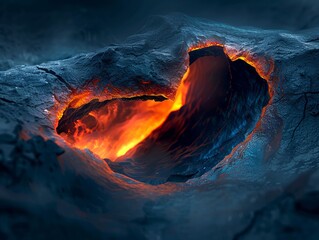 Fiery core visible through a crevasse, night, closeup, intense power, mesmerizing depth,