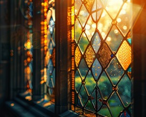 Afternoon light through a stained glass window, tranquil, reflective, 