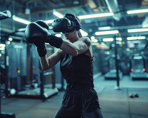 Virtual reality training in action, user boxing, immersive gym space,  - obrazy, fototapety, plakaty
