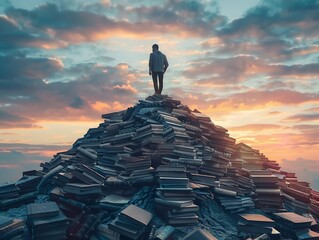Figure standing atop a mountain of books, dusk, silhouette, ascent to knowledge success, 