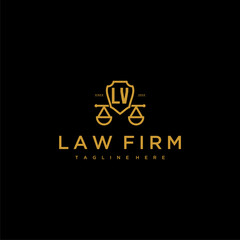 LV initial monogram for lawfirm logo with scales shield image - obrazy, fototapety, plakaty