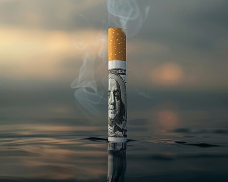 Conceptual art of a cigarette made of dollar bills, dusk, critique on smoking expenses, Hyper realistic