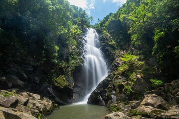 Fototapeta premium Stunning bride's pool waterfall cascades over a rock-strewn river, surrounded by lush green foliage