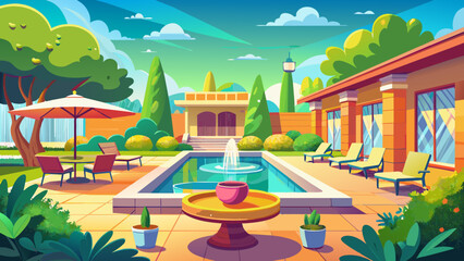 sunny vibrant backyard with fountains and a poolsi 