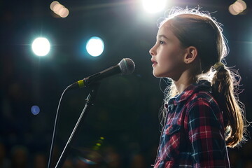 A young girl standing in front of a microphone on a stage singing in spotlight
