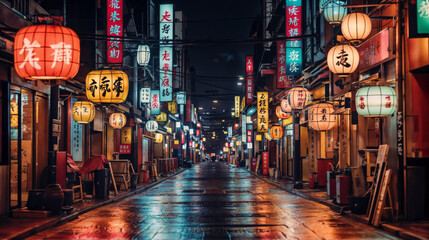 chinese lanterns at night in the alley created with Generative AI technology