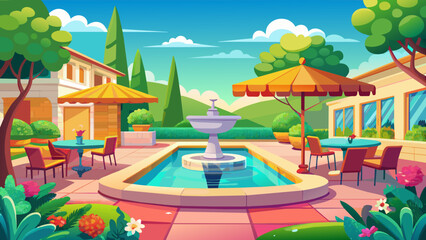 sunny vibrant backyard with fountains and a poolsi 