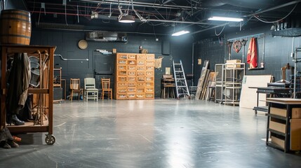 Theater rehearsal studio with stage props, costume racks, and rehearsal blocks, preparing actors for captivating performances.