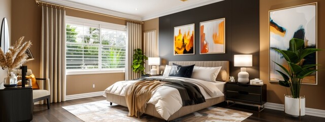Interior of a cozy modern bedroom in light brown and beige tones.
