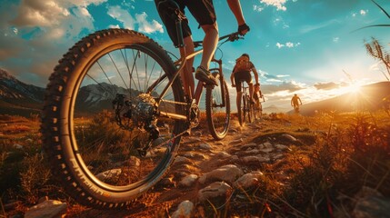 Fototapeta premium Low angle view of cross country bikers traveling in mountain landscape at sunset