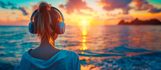 Chica escuchando música con auriculares mientras contempla el atardecer - obrazy, fototapety, plakaty