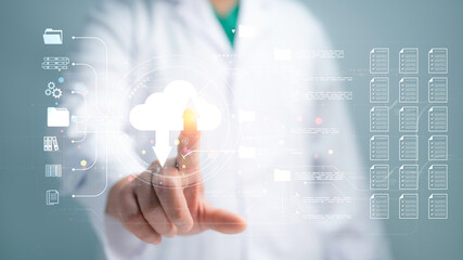 Medical worker works with an electronic database and documents.Technology and access information, database, storage, Digital link tech, big data