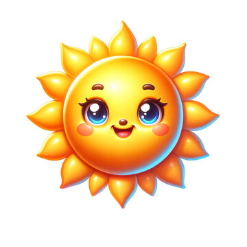 Cute sun with smile for sticker. Summer sun design element. 3D cartoon illustration isolated on transparent background, png