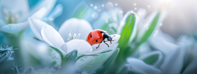Ladybug on white spring flower close-up. Macro. Congratulation. Card.