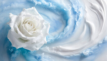 Białe i niebieskie tło kwiatowe. Biała róża. Tekstura pastelowy krem - obrazy, fototapety, plakaty