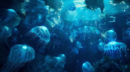 Bioluminescence in the deep ocean, showcasing marine organisms glowing in the dark waters hyper realistic - obrazy, fototapety, plakaty