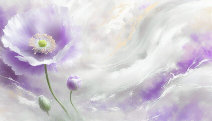 Jasne pastelowe białe tło, fioletowy kwiat mak