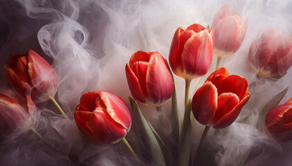 Tapeta, czerwone kwiaty tulipany. Wiosna, abstrakcyjna tapeta kwiatowa - obrazy, fototapety, plakaty