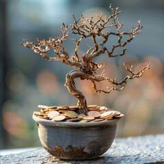 A withered tree growing from a pot of coins on a bright background - obrazy, fototapety, plakaty