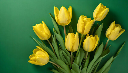 Żółte tulipany, zielone tło z kwiatami - obrazy, fototapety, plakaty